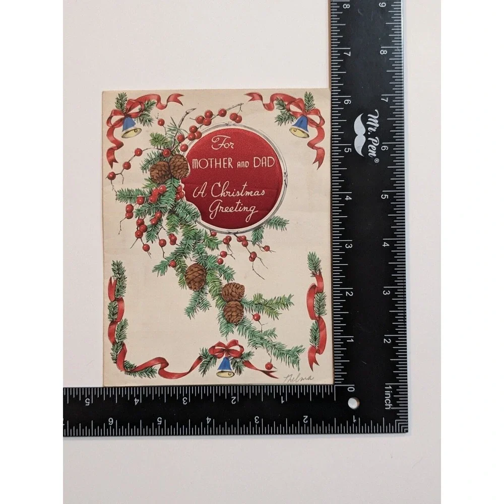 Vintage 1930's Christmas Card To Mother & Dad Rust Craft Boston 3-D Satin Fabric